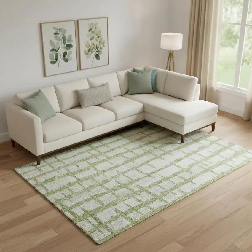 Green And Beige Striped Washable Area Rug With UV Protection Photo 1