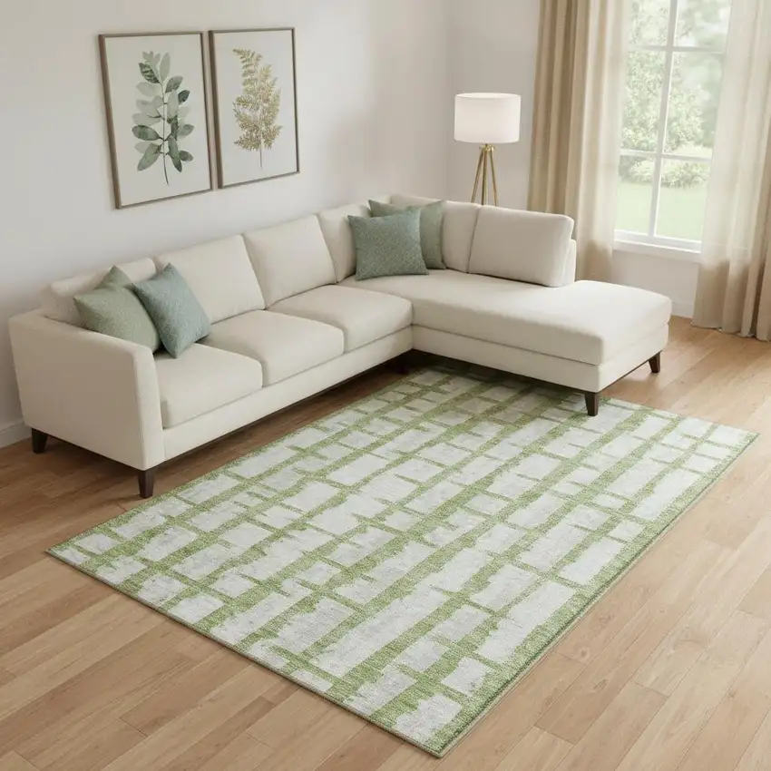 Green And Beige Striped Washable Area Rug With UV Protection Photo 1