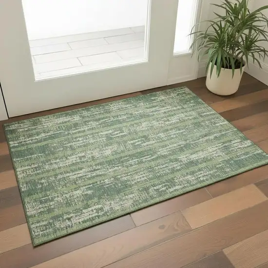 Green And Beige Striped Washable Area Rug With UV Protection Photo 1