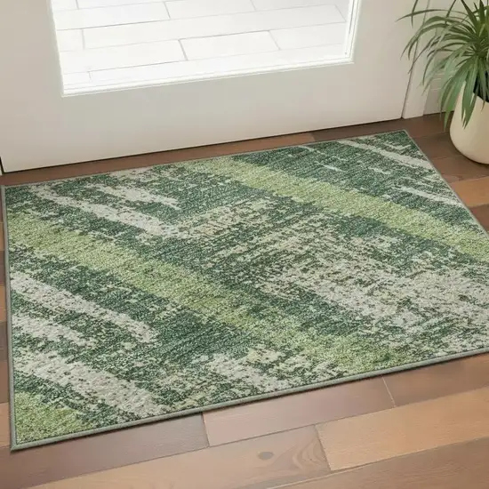 Green And Beige Striped Washable Area Rug With UV Protection Photo 2