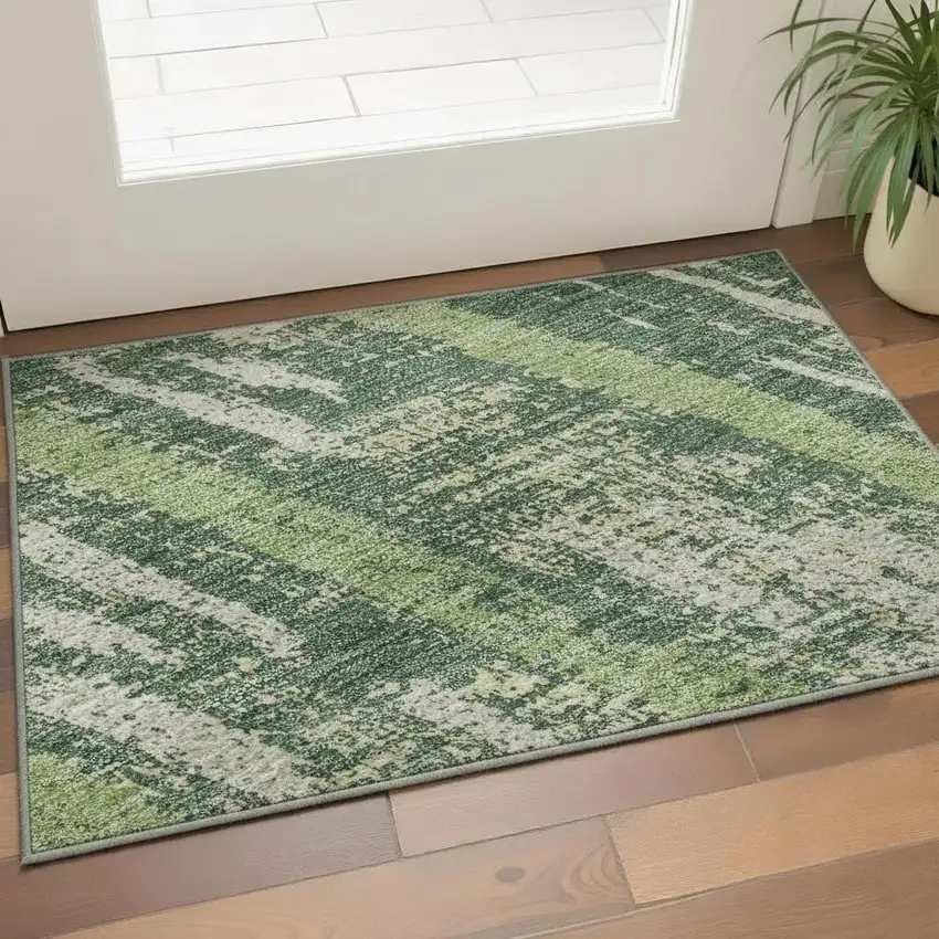 Green And Beige Striped Washable Area Rug With UV Protection Photo 2