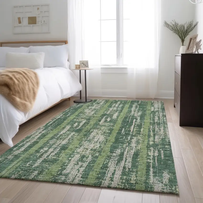 Green And Beige Striped Washable Area Rug With UV Protection Photo 4