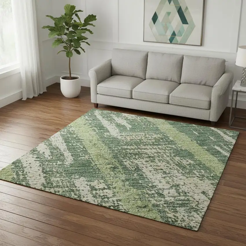 Green And Beige Striped Washable Area Rug With UV Protection Photo 2