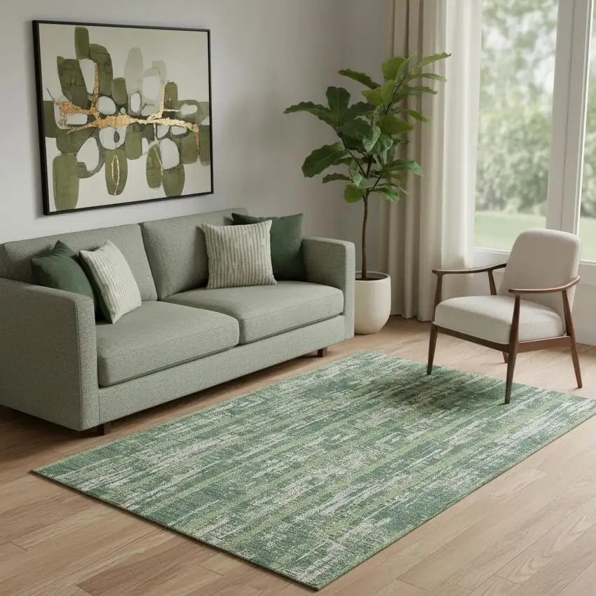 Green And Beige Striped Washable Area Rug With UV Protection Photo 1