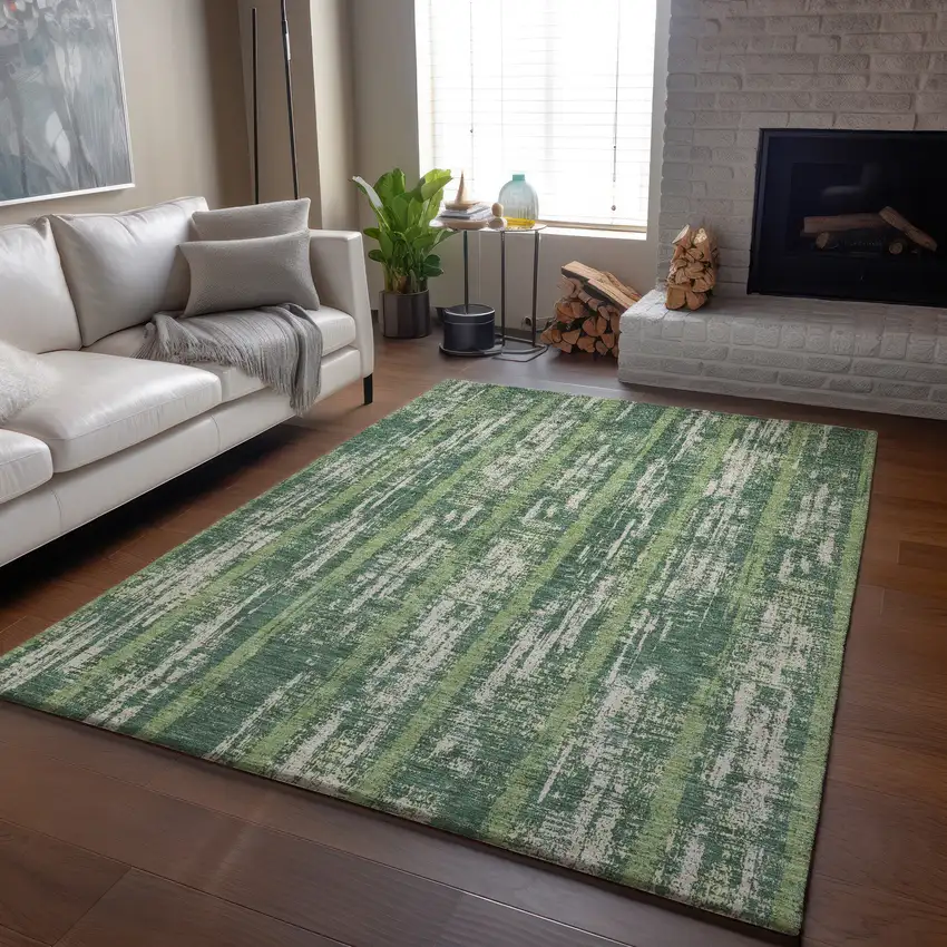 Green And Beige Striped Washable Area Rug With UV Protection Photo 4