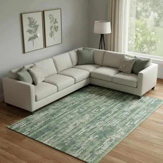 Green And Beige Striped Washable Area Rug With UV Protection Photo 1