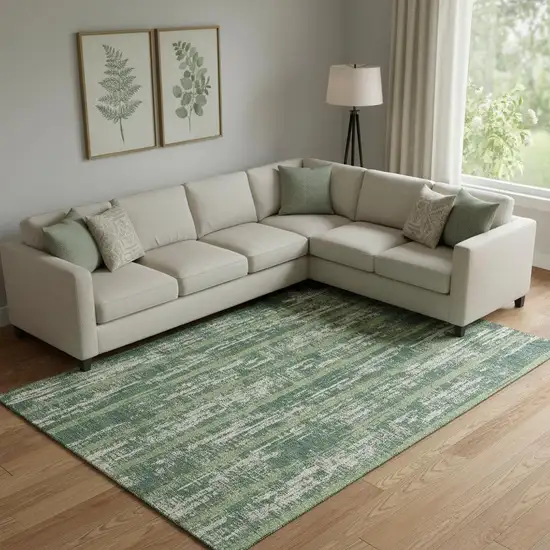 Green And Beige Striped Washable Area Rug With UV Protection Photo 1