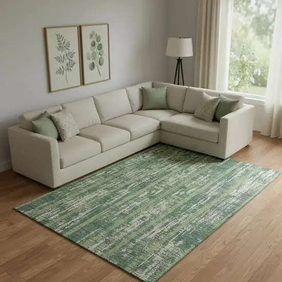 Green And Beige Striped Washable Area Rug With UV Protection Photo 1