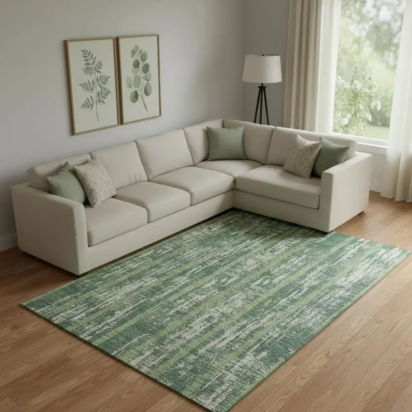 Green And Beige Striped Washable Area Rug With UV Protection Photo 1