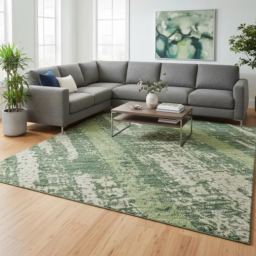 Green And Beige Striped Washable Area Rug With UV Protection Photo 2