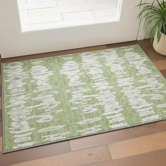 Green And Beige Striped Washable Area Rug With UV Protection Photo 2