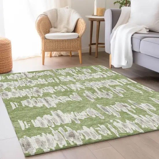 Green And Beige Striped Washable Area Rug With UV Protection Photo 5