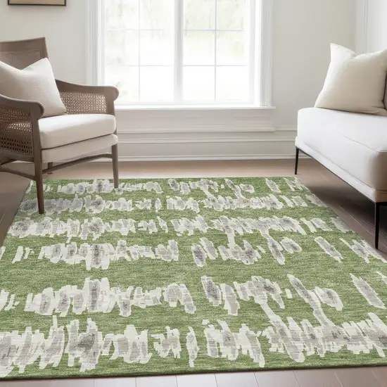 Green And Beige Striped Washable Area Rug With UV Protection Photo 6