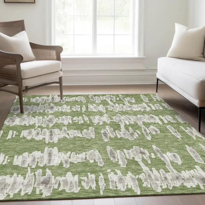 Green And Beige Striped Washable Area Rug With UV Protection Photo 6