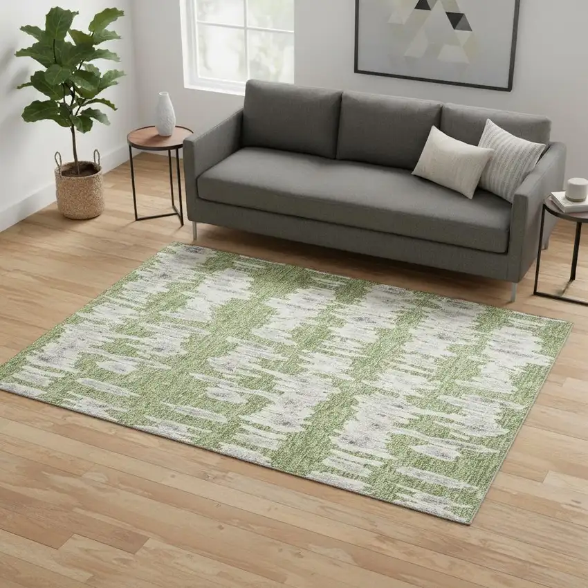 Green And Beige Striped Washable Area Rug With UV Protection Photo 2