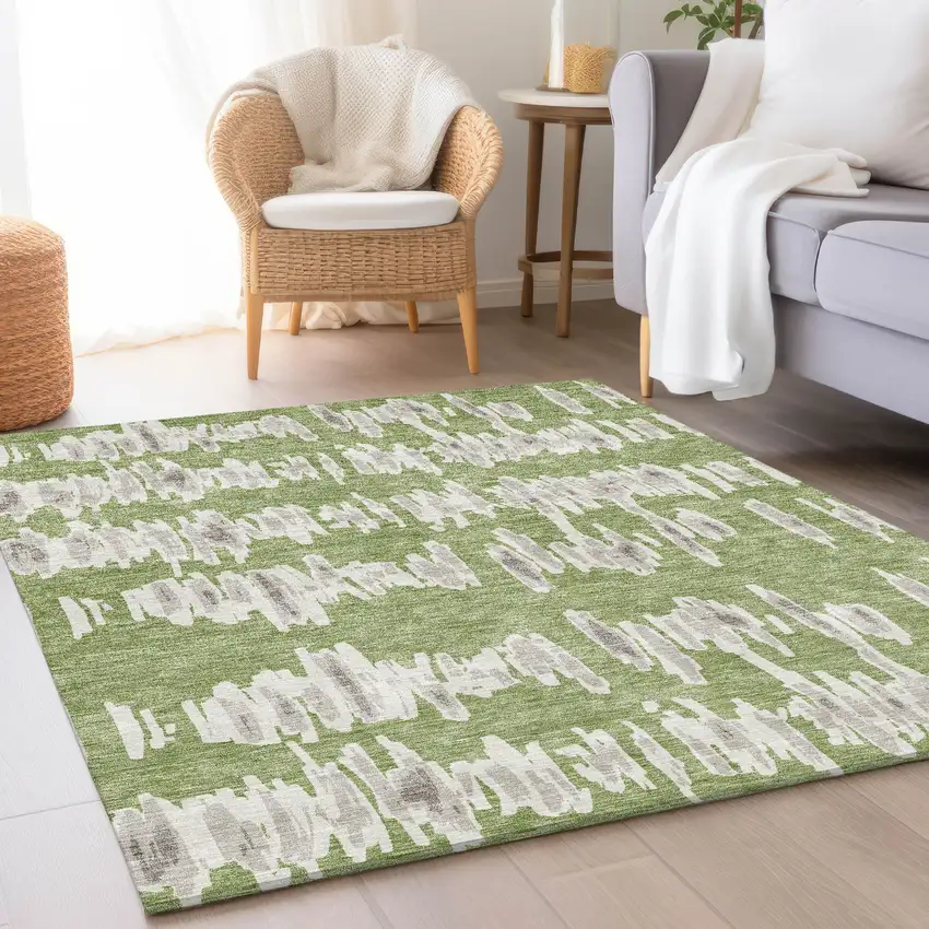 Green And Beige Striped Washable Area Rug With UV Protection Photo 5