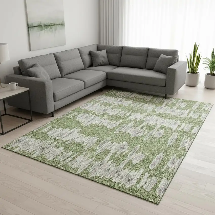 Green And Beige Striped Washable Area Rug With UV Protection Photo 2