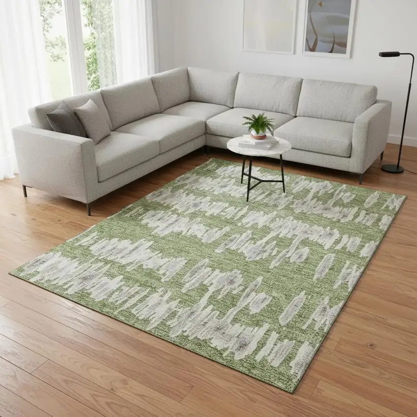 Green And Beige Striped Washable Area Rug With UV Protection Photo 2