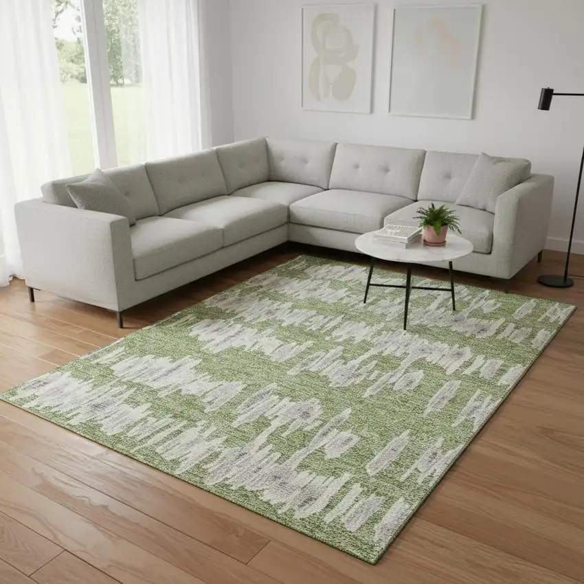 Green And Beige Striped Washable Area Rug With UV Protection Photo 2