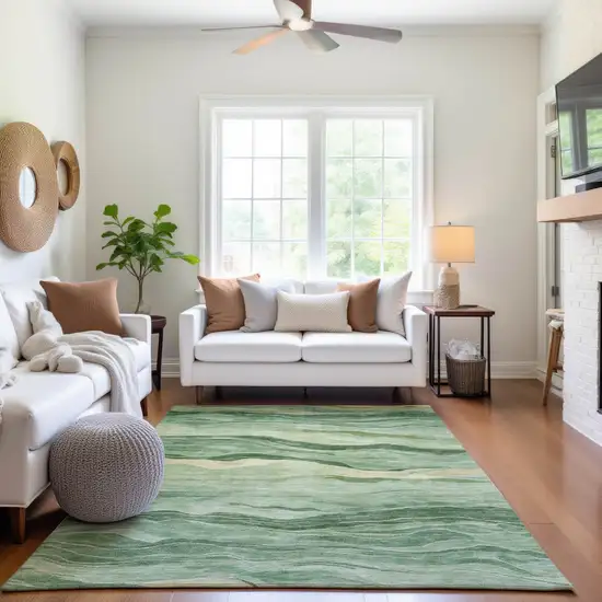 Green And Beige Striped Washable Area Rug With UV Protection Photo 5