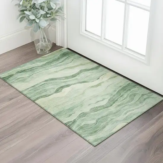 Green And Beige Striped Washable Area Rug With UV Protection Photo 2