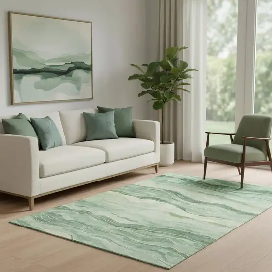 Green And Beige Striped Washable Area Rug With UV Protection Photo 2