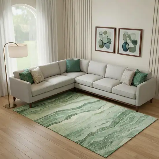 Green And Beige Striped Washable Area Rug With UV Protection Photo 2