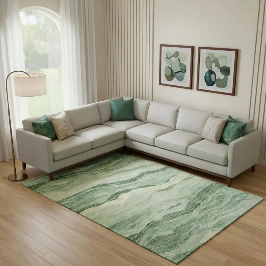 Green And Beige Striped Washable Area Rug With UV Protection Photo 2