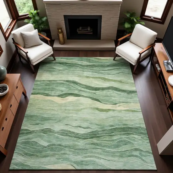 Green And Beige Striped Washable Area Rug With UV Protection Photo 4