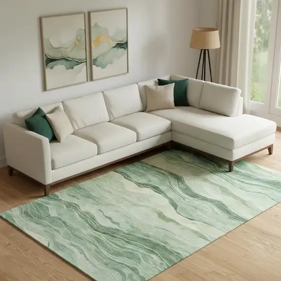 Green And Beige Striped Washable Area Rug With UV Protection Photo 2