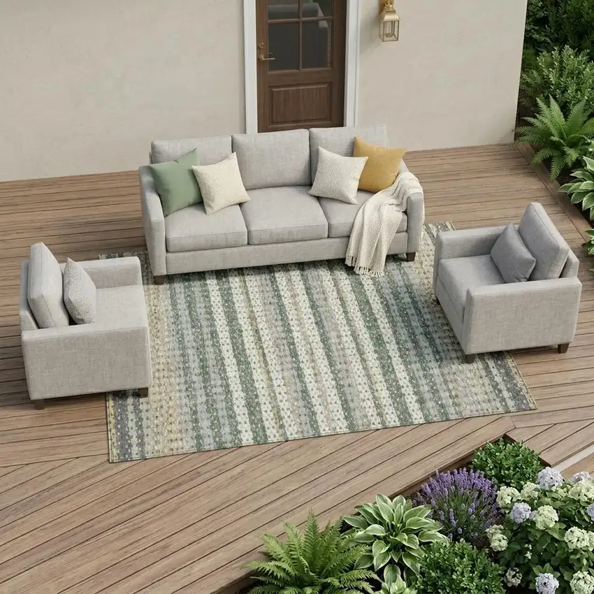 Green And Beige Striped Washable Indoor Outdoor Area Rug Photo 1
