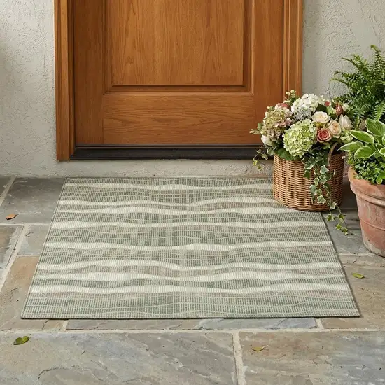 Green And Beige Striped Washable Indoor Outdoor Area Rug Photo 1