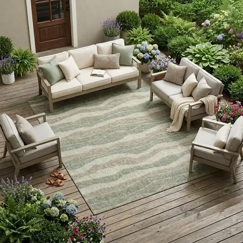 Green And Beige Striped Washable Indoor Outdoor Area Rug Photo 1