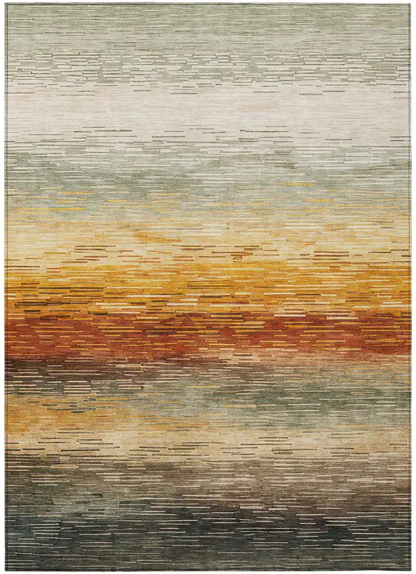 Green And Beige Striped Washable Indoor Outdoor Area Rug Photo 1