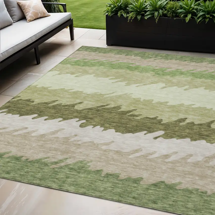 Green And Beige Striped Washable Indoor Outdoor Area Rug Photo 1