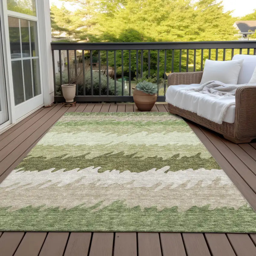 Green And Beige Striped Washable Indoor Outdoor Area Rug Photo 7