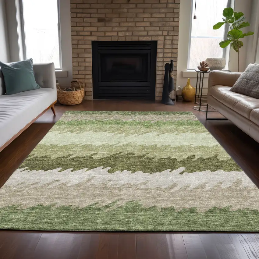 Green And Beige Striped Washable Indoor Outdoor Area Rug Photo 8