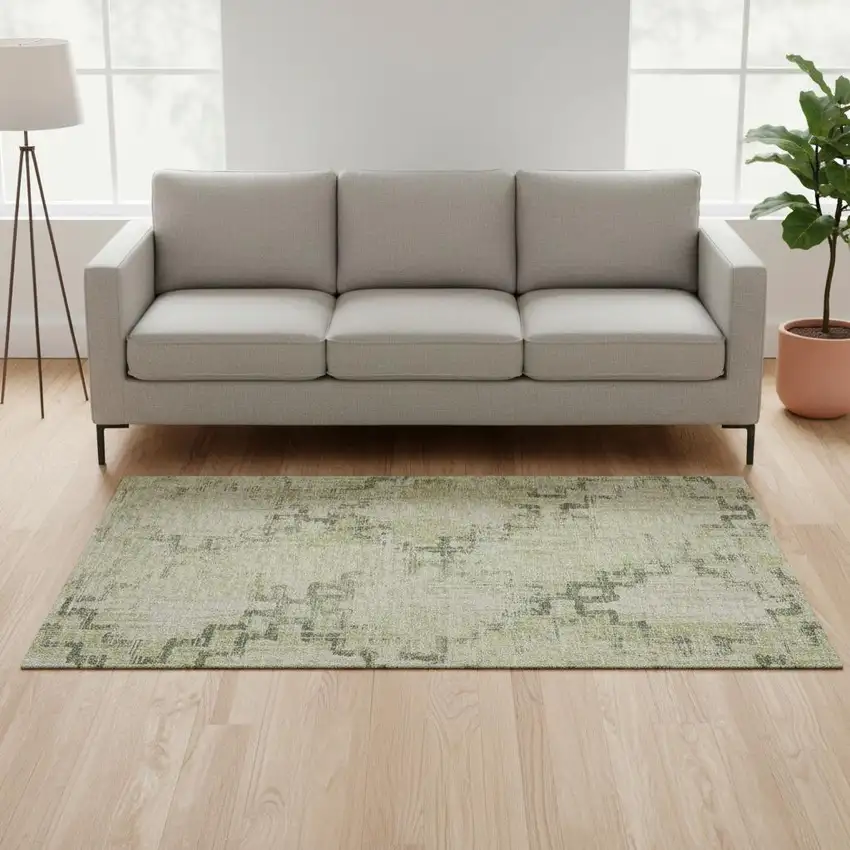 Green And Beige Tribal Washable Area Rug With UV Protection Photo 1