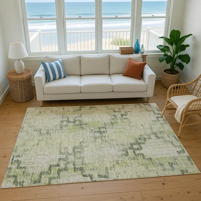 Green And Beige Tribal Washable Area Rug With UV Protection Photo 4