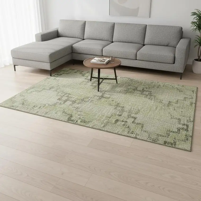 Green And Beige Tribal Washable Area Rug With UV Protection Photo 2