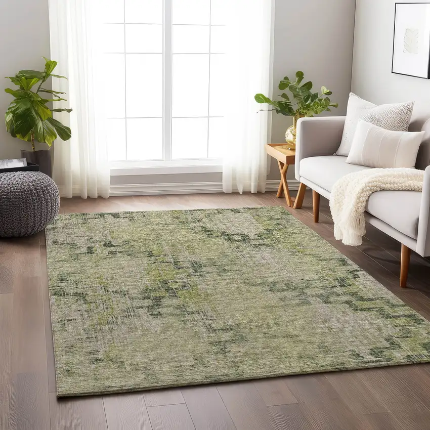 Green And Beige Tribal Washable Area Rug With UV Protection Photo 4