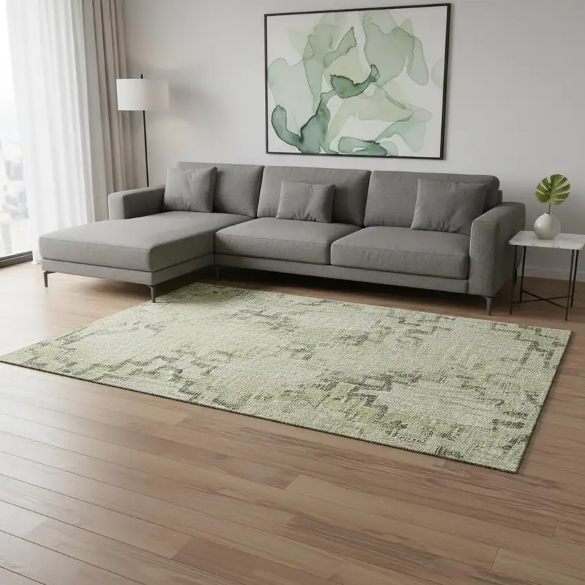 Green And Beige Tribal Washable Area Rug With UV Protection Photo 1