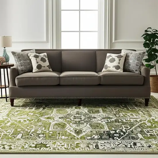 Green And Beige Tribal Washable Area Rug With UV Protection Photo 1