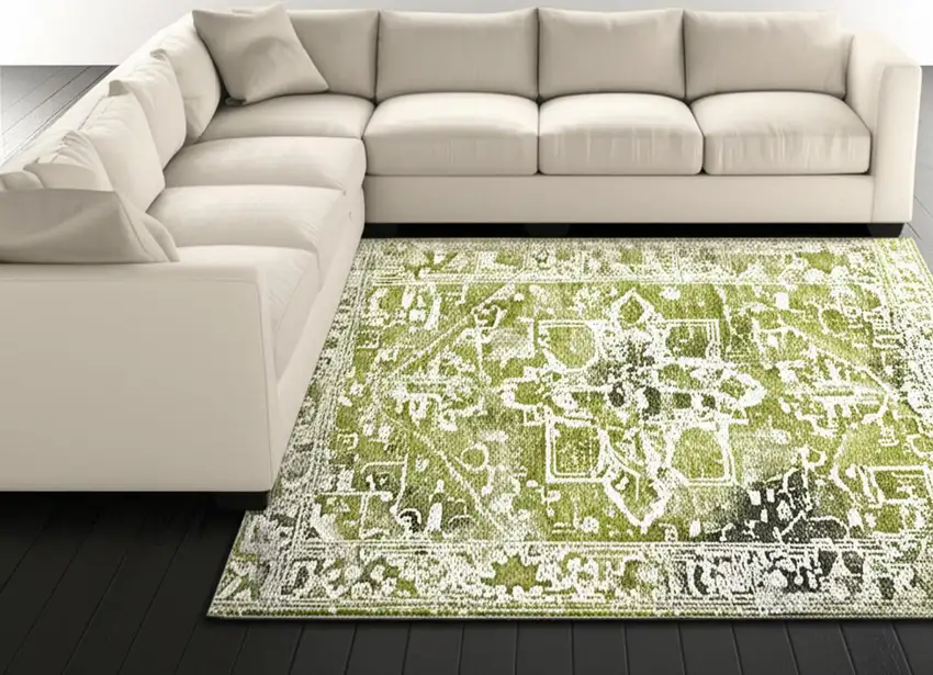 Green And Beige Tribal Washable Area Rug With UV Protection Photo 1