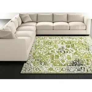 Photo of Green And Beige Tribal Washable Area Rug With UV Protection