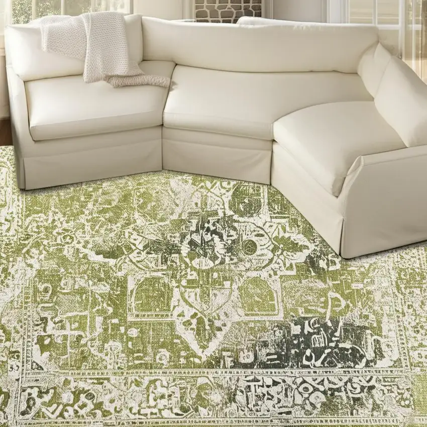 Green And Beige Tribal Washable Area Rug With UV Protection Photo 1