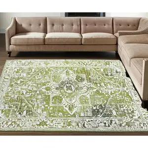 Photo of Green And Beige Tribal Washable Area Rug With UV Protection