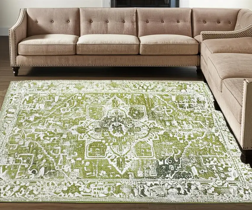 Green And Beige Tribal Washable Area Rug With UV Protection Photo 1