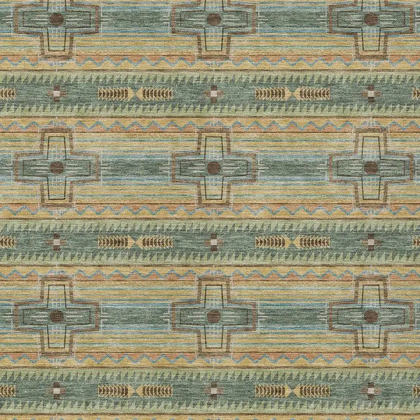 Green And Beige Tribal Washable Indoor Outdoor Area Rug Photo 3