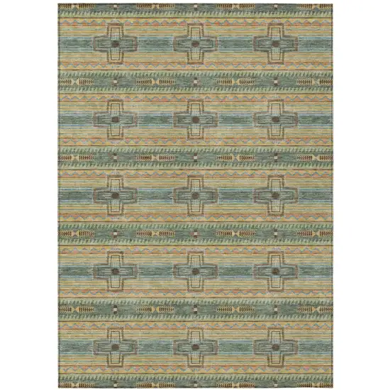 Green And Beige Tribal Washable Indoor Outdoor Area Rug Photo 2